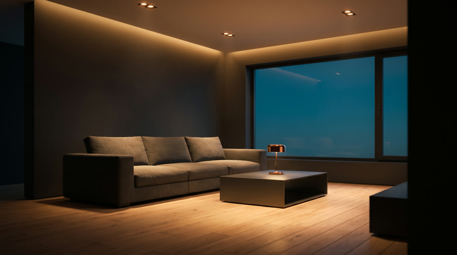 Akşam saatinde sıcak gizli aydınlatması yeni yanmış modern bir salon